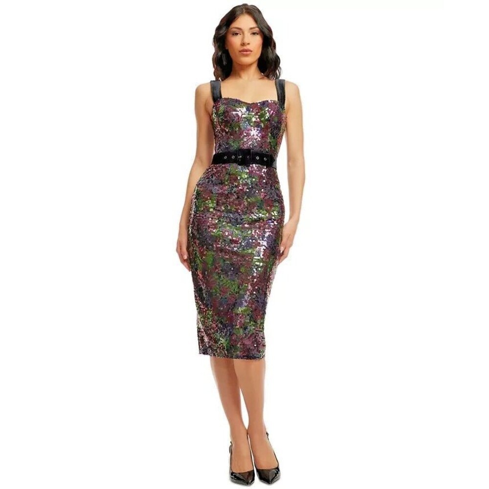 Dress the Population Women's Sequinned Pencil Midi Dress XL Deep Plum (NO BELT)